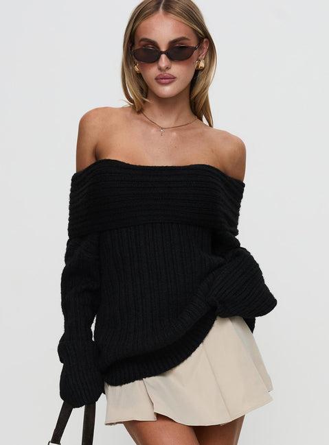 Snowie Off Shoulder Knit Sweater Black Product Image