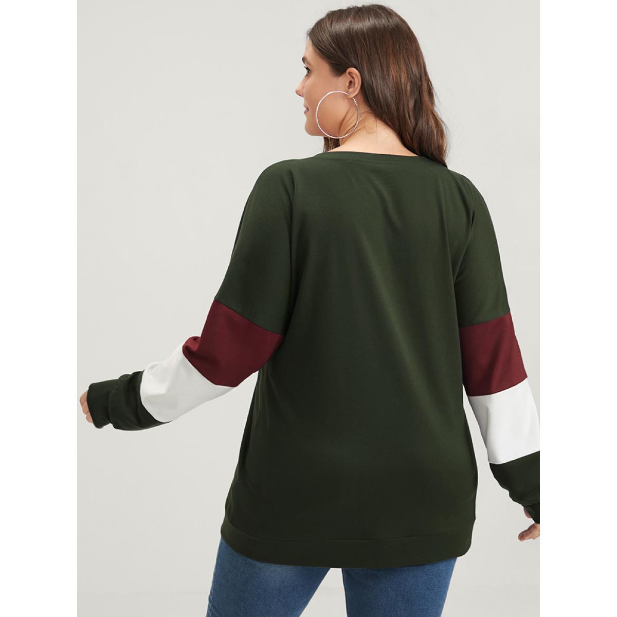 Plus Size Colorblock Patchwork Round Neck Drop Shoulder Sweatshirt Women ArmyGreen Casual Contrast Round Neck Dailywear Sweatshirts BloomChic 18-20/2X Product Image