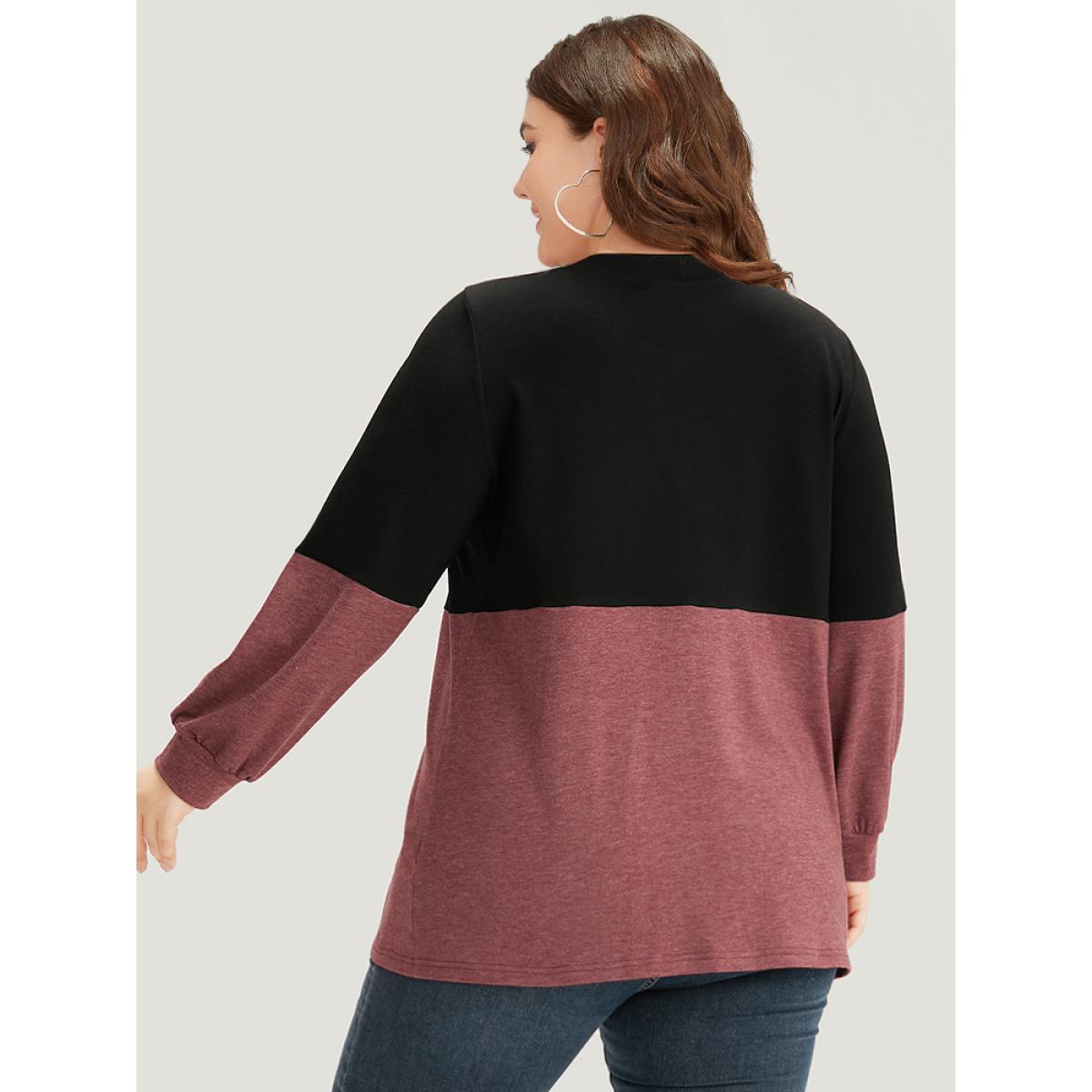 Plus Size Two Tone Patchwork Elastic Cuffs Crisscross Sweatshirt Women Black Casual Elastic cuffs V-neck Dailywear Sweatshirts BloomChic 30/6X Product Image