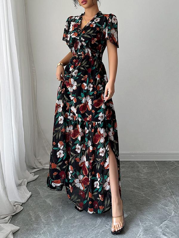 A-Line Loose Contrast Color Elasticity Flower Print Pleated V-Neck Maxi Dresses Product Image
