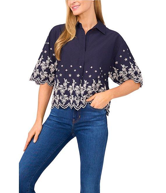 CeCe Woven Collared V-Neck Short Sleeve Floral Embroidered Button Down Shirt Product Image
