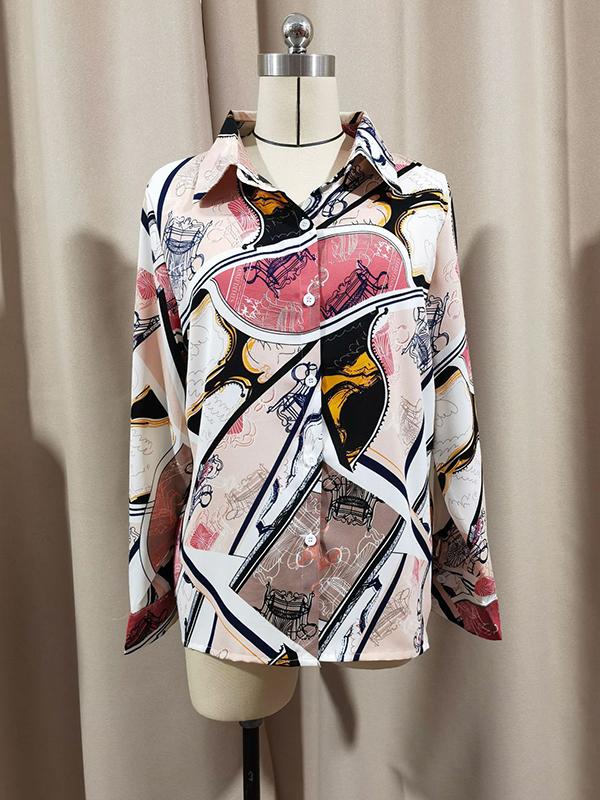 Long Sleeves Loose Buttoned Printed Split-Joint Lapel Blouses&Shirts Tops Product Image