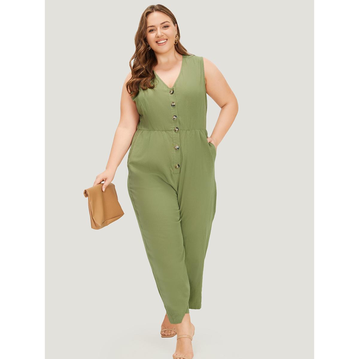 Plus Size Sage Plain Pocket Button Through Tank Jumpsuit Women Office Sleeveless V-neck Office Loose Jumpsuits BloomChic 22-24/3X Product Image