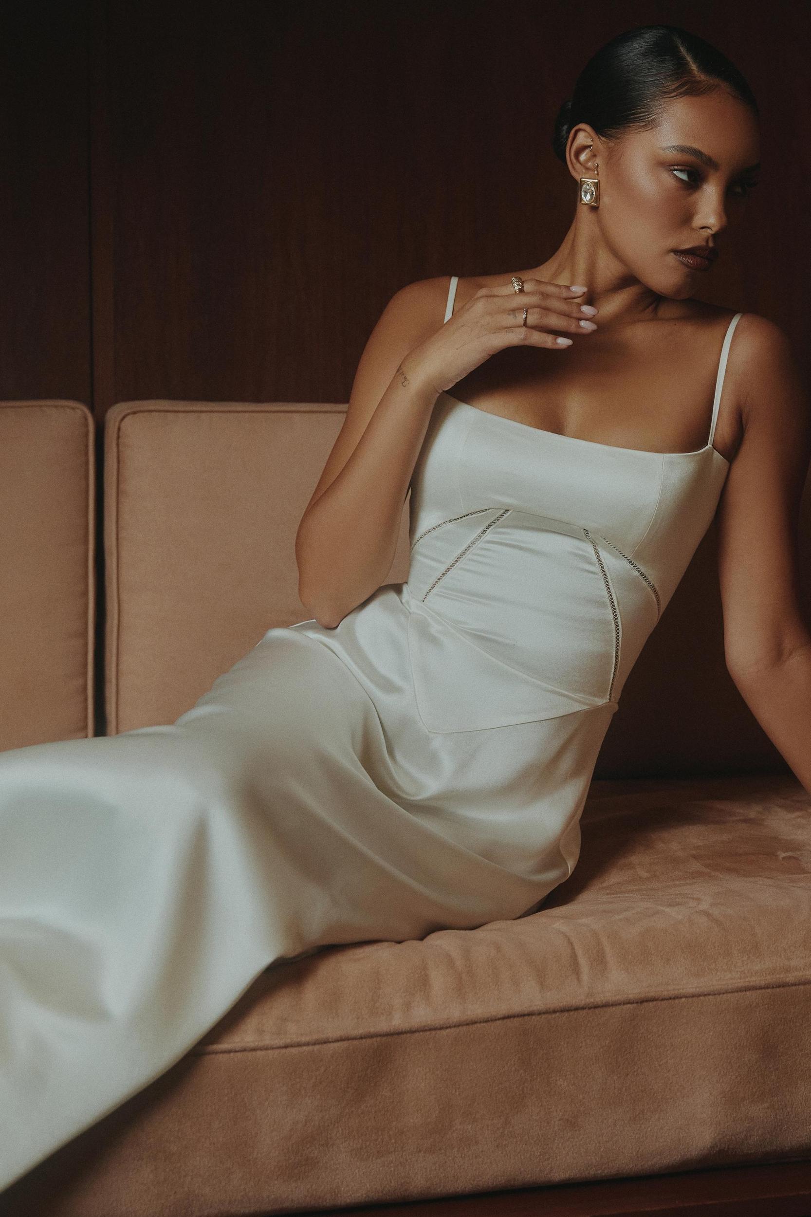 Anabella  ivory satin lace up maxi dress Product Image