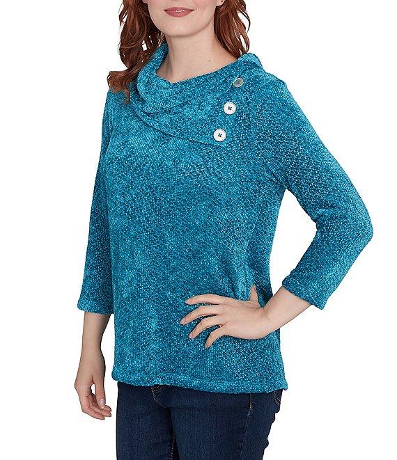 Ruby Rd. Sequin Chenille Knit Cowl Asymmetrical Neck 3/4 Sleeve Sweater Product Image