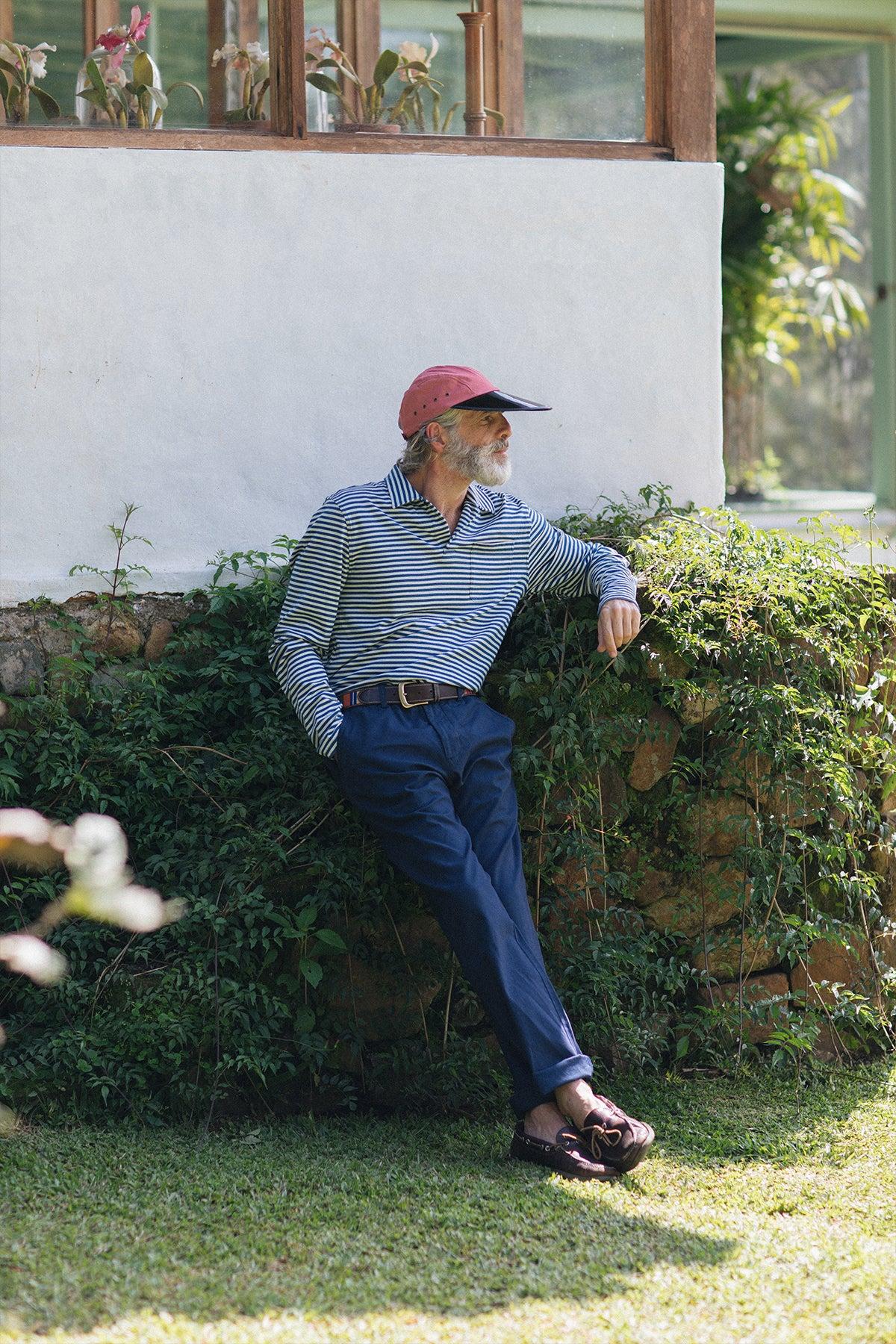 Long Sleeve Indigo Polo in Blue/White Stripe Product Image