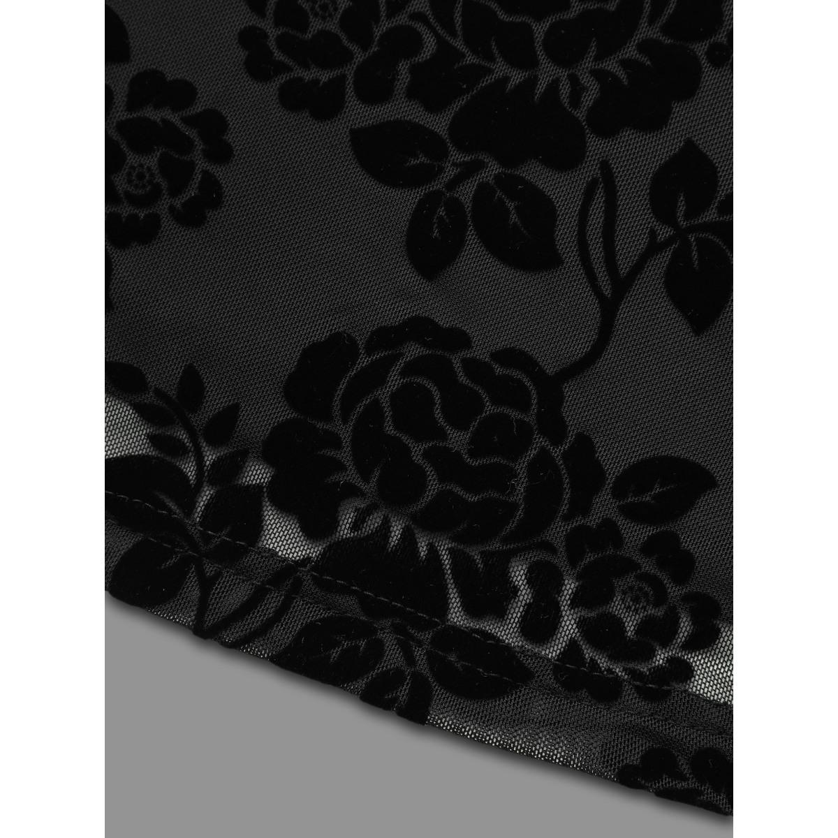 Plus Size Black Sheer Flocked Lace Trim V-neck Blouse Women Cocktail Long Sleeve V-neck Party Blouses BloomChic 14-16/1X Product Image