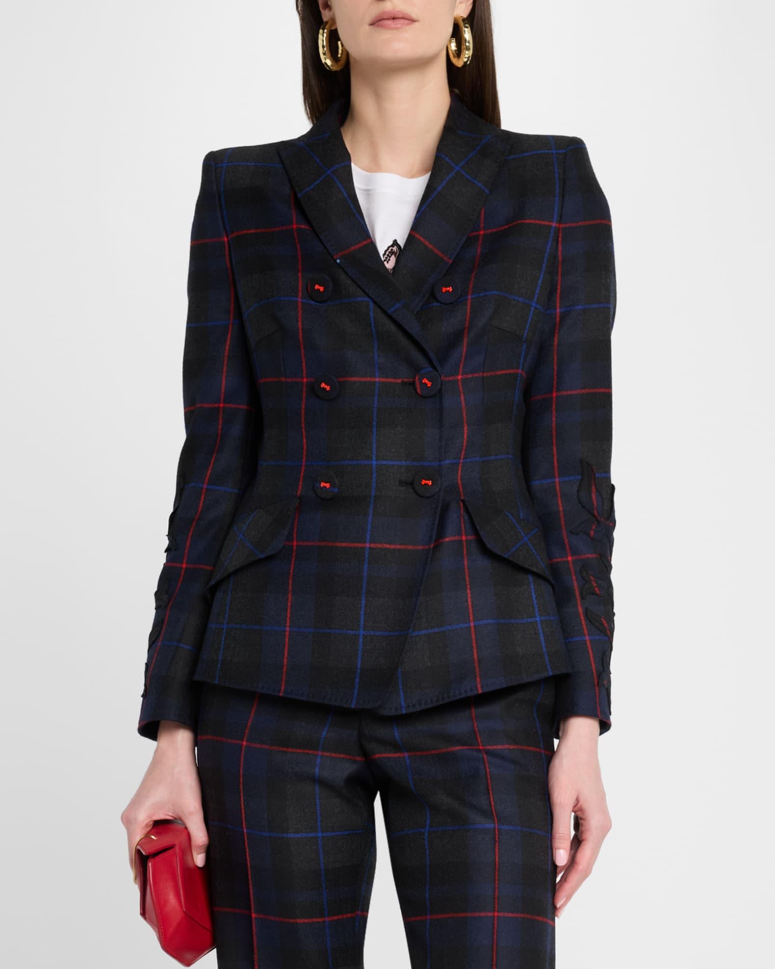 Embroidered-Sleeve Plaid Double-Breasted Jacket Product Image