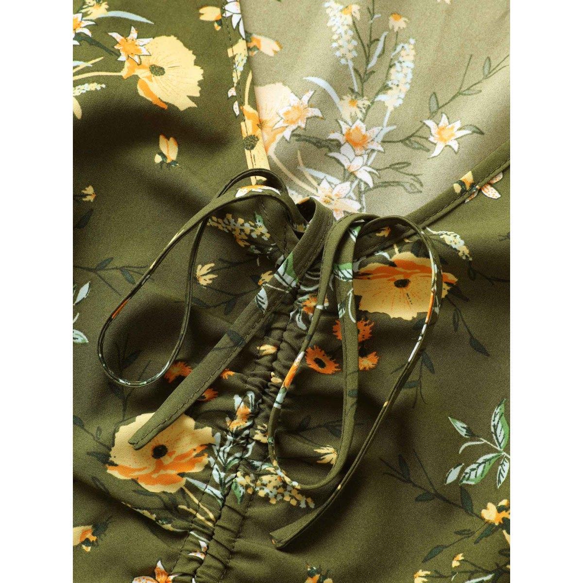 Plus Size Floral Elastic Waist Drawstring Pocket Dress Moss Women Elegant Non V-neck Short sleeve Curvy Midi Dress BloomChic 10/M Product Image