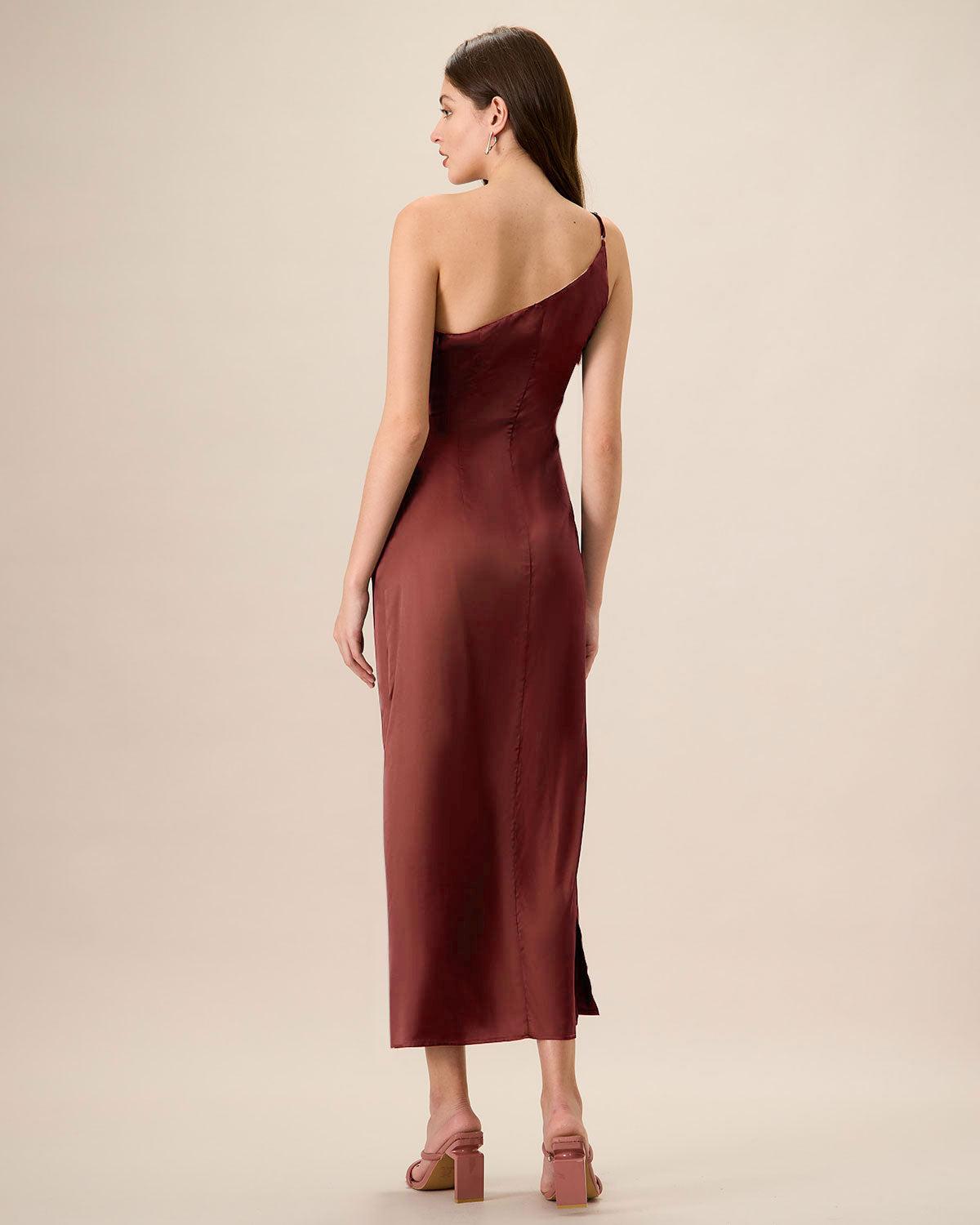 Red One-shoulder Satin Maxi Dress Product Image