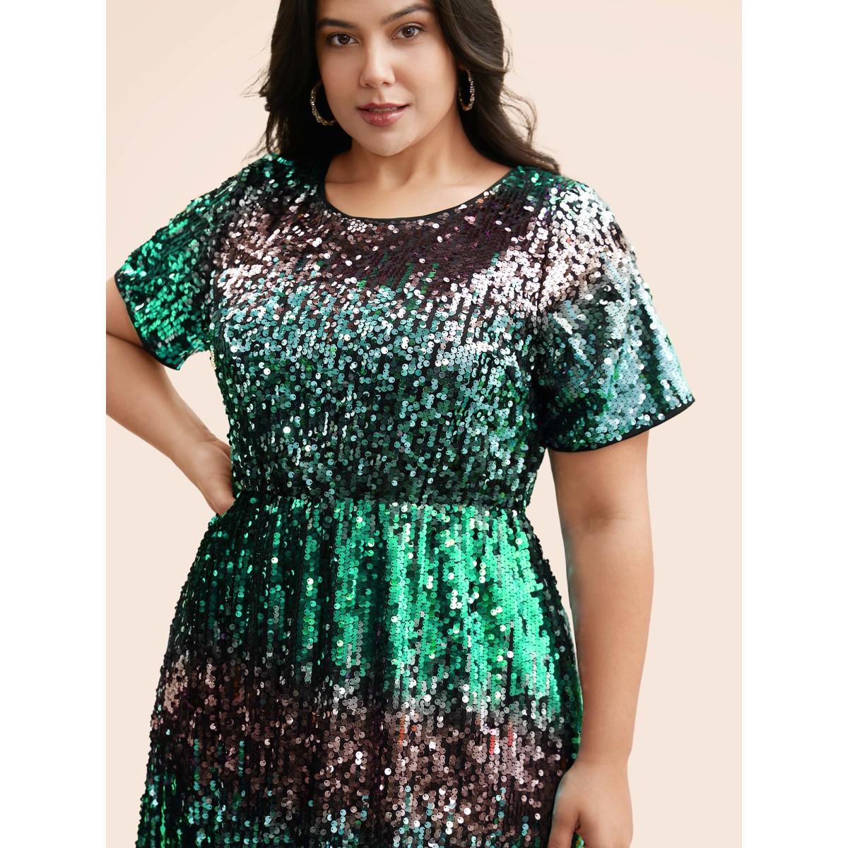 Plus Size Round Neck Ombre Sequin Dress Cerulean Women Cocktail Texture Party Curvy Bloomchic 10/M Product Image