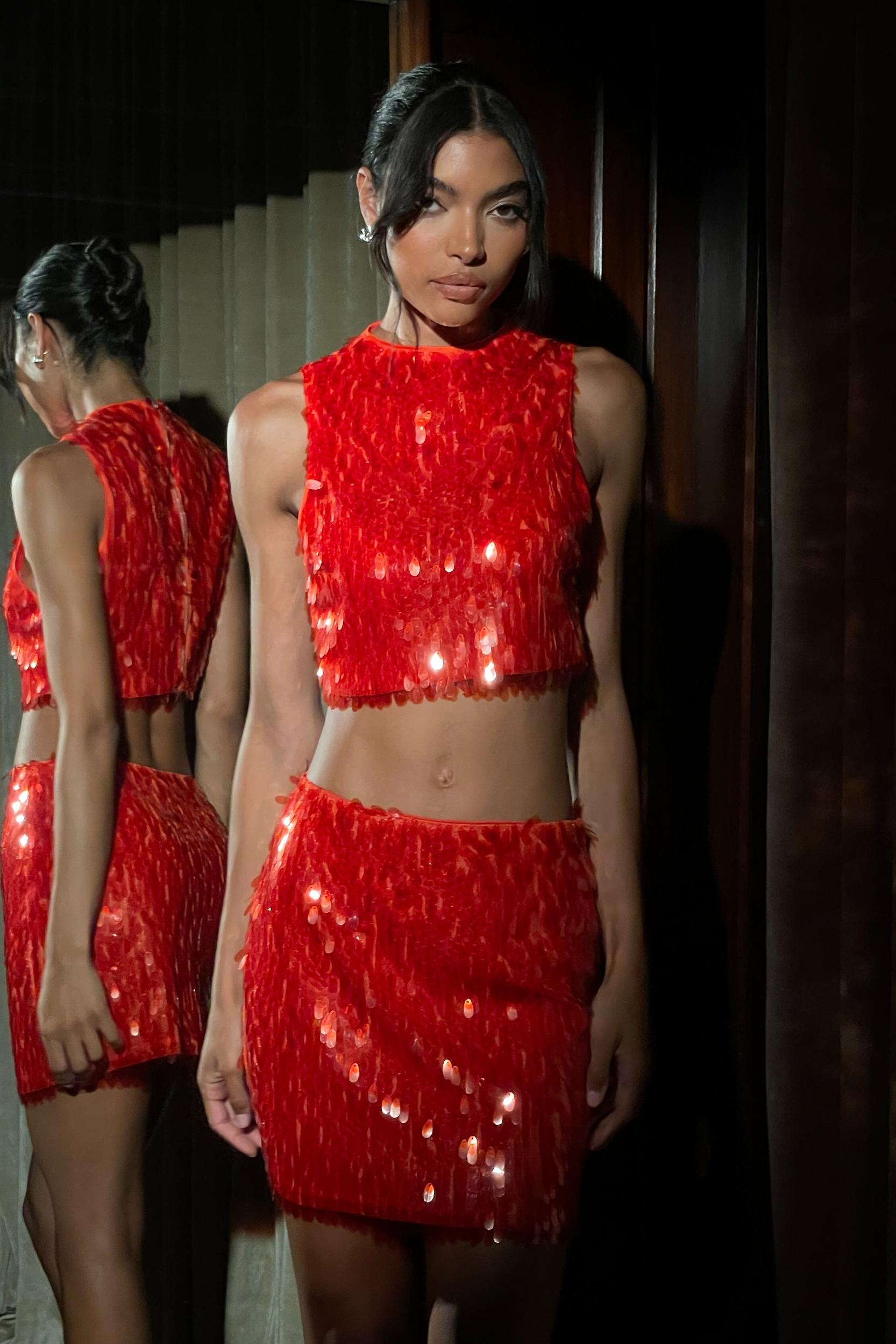 Savannah Sequin Mini Skirt - Firey Orange Product Image
