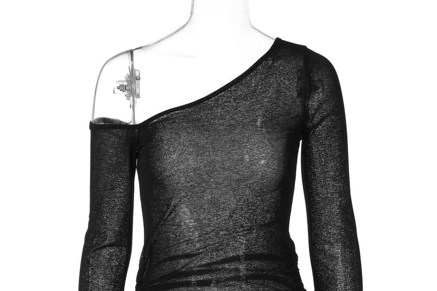 Long Sleeve One Shoulder Plain Drawstring Mini Sheath Dress Product Image