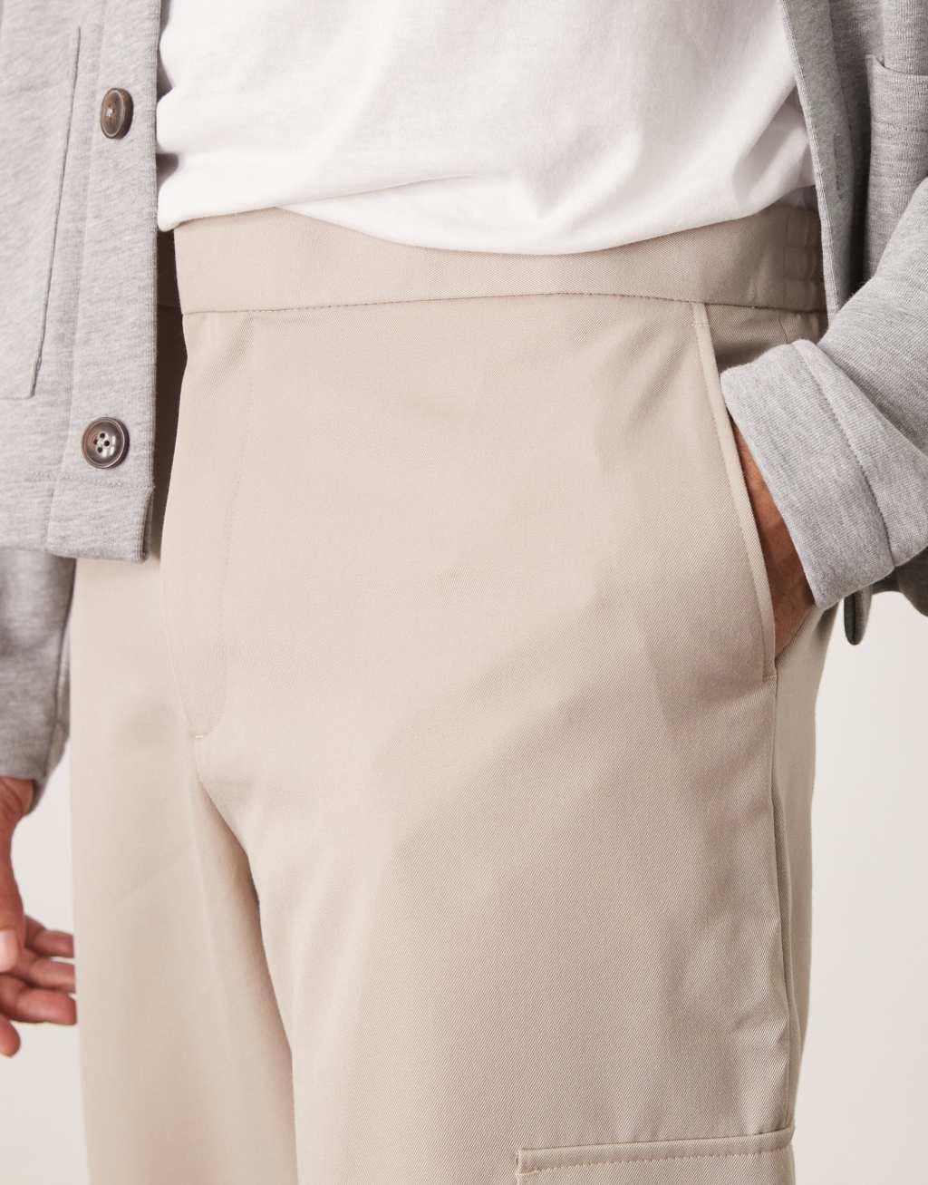 ASOS DESIGN smart wide leg cargo pants in stone with elastic waist | ASOS Product Image