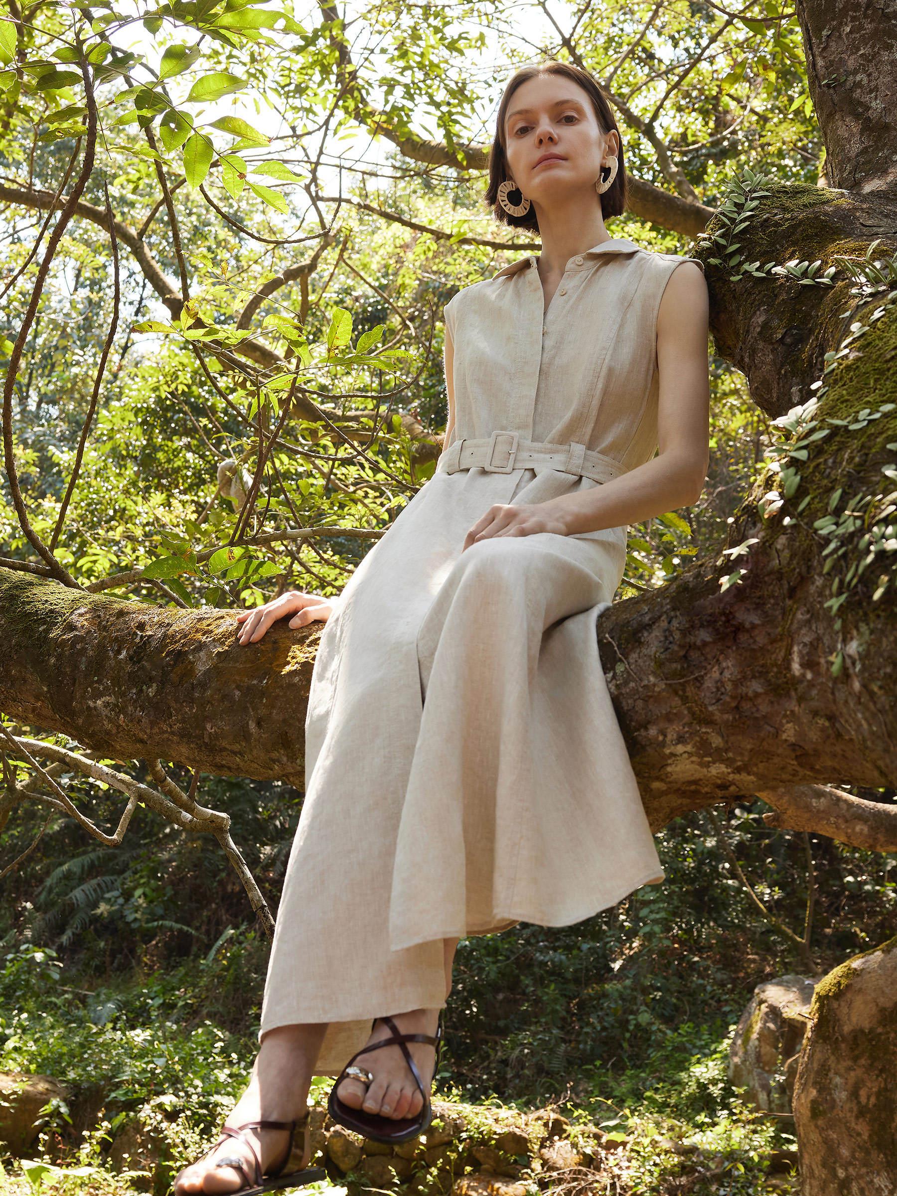 100% Linen Women Vest Maxi Shirt Dress With Belt Product Image