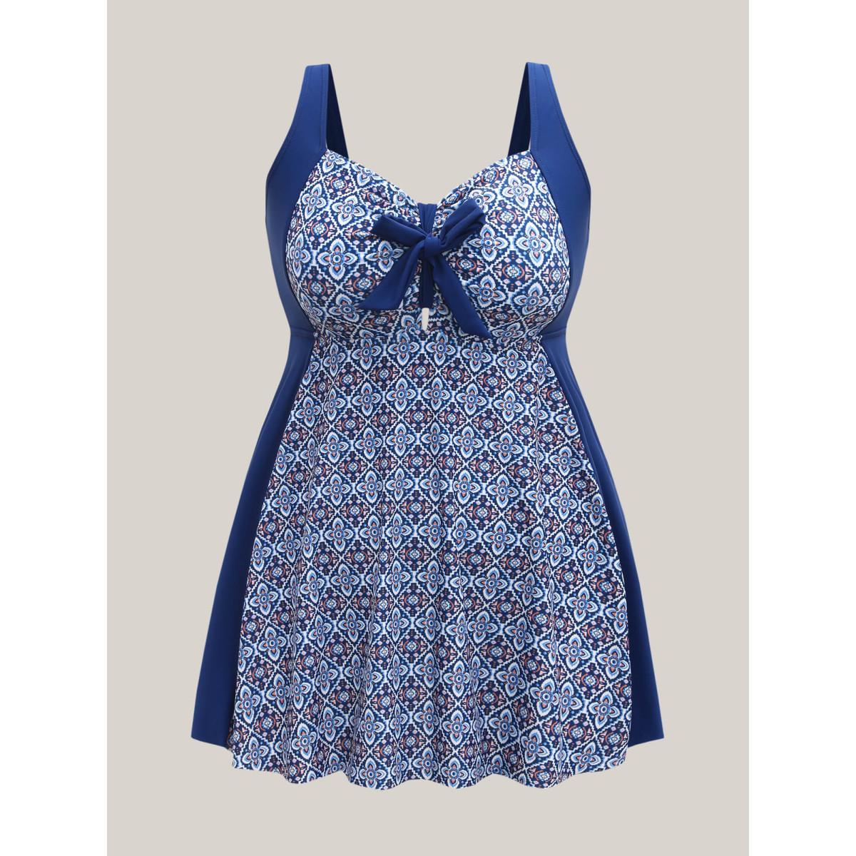 Plus Size Boho Print Adjustable Front Knot Swim Dress Women's Swimwear Indigo Beach Bodycon Heart neckline High stretch Curve Swim Dresses BloomChic 28/5X Product Image