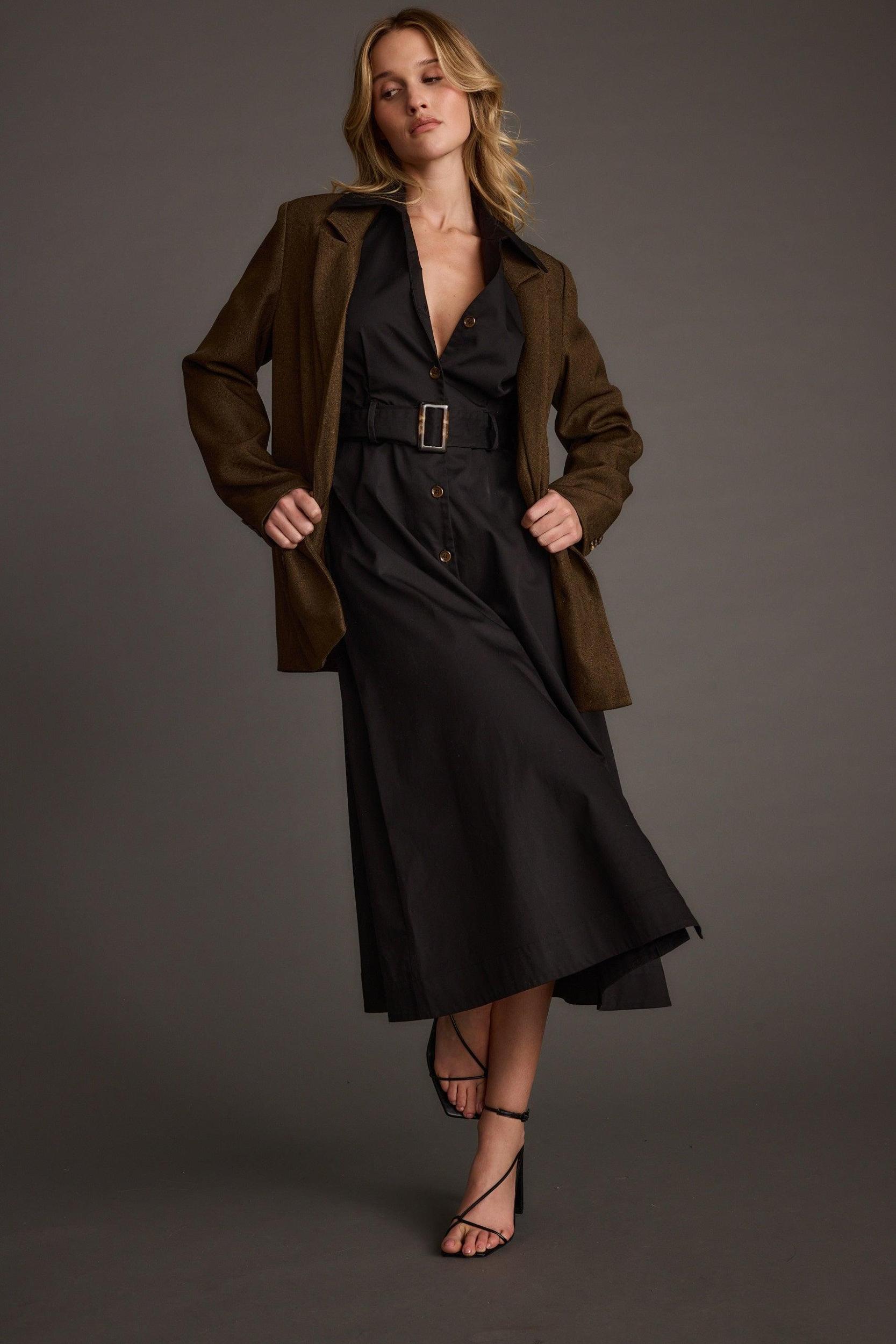 Leena Black Button Front Belted Midi Dress Product Image