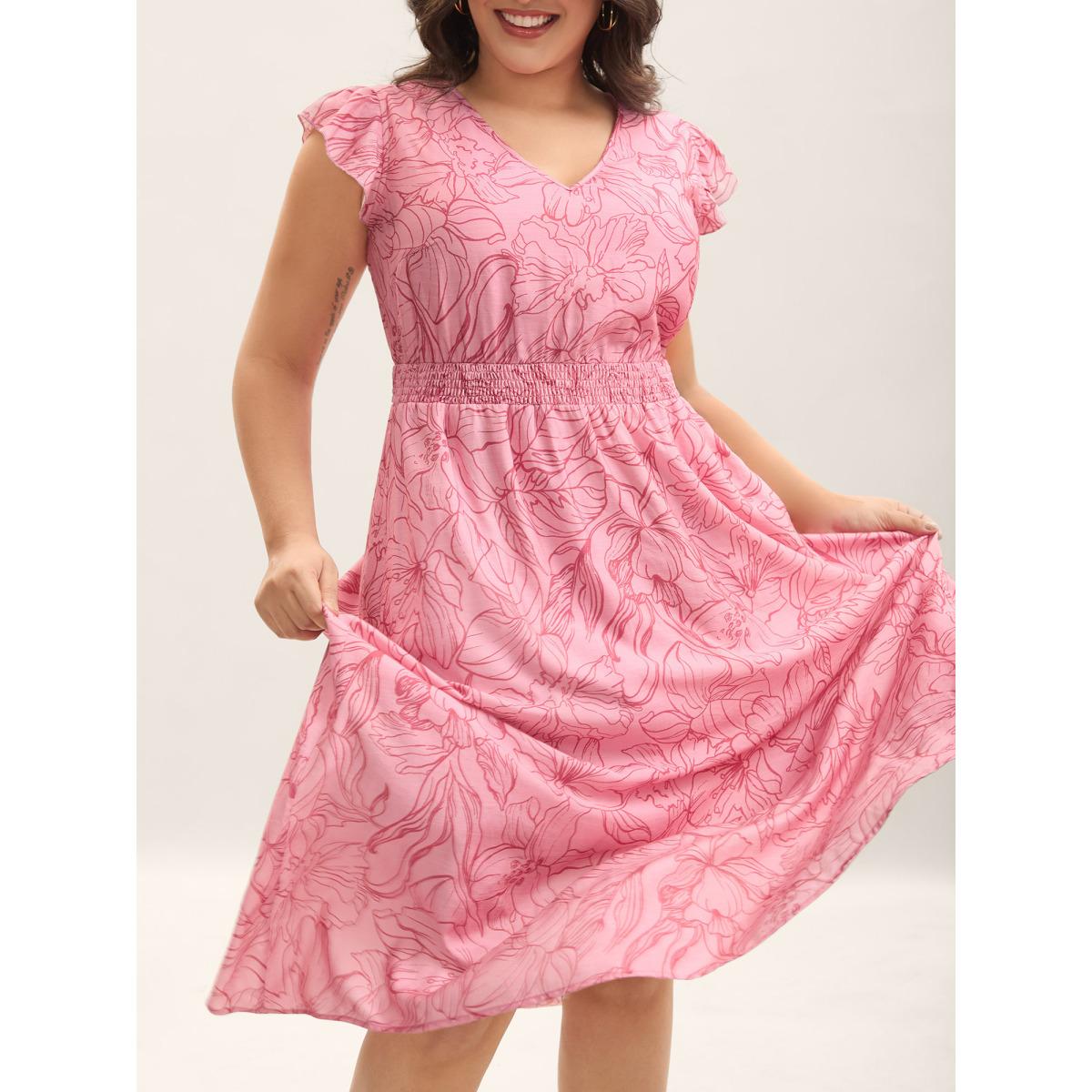 Plus Size Floral Lines Cinched-Waist Pockets Midi Dress Blush Women V-neck Cap Sleeve Curvy BloomChic 14-16/1X Product Image