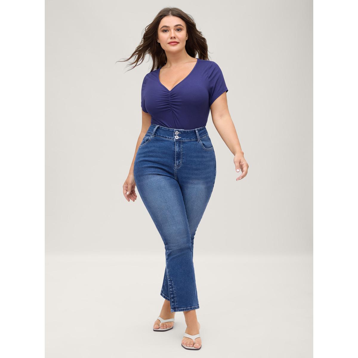 Plus Size Stretch No-Gap Waist Slit Hem Jeans Women Midblue Casual Slit High stretch Slanted pocket Jeans BloomChic 10/M Product Image