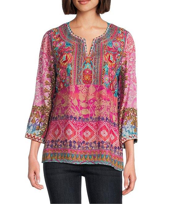 John Mark Embroidered Floral Print Split V-Neck 3/4 Sleeve Tunic Product Image
