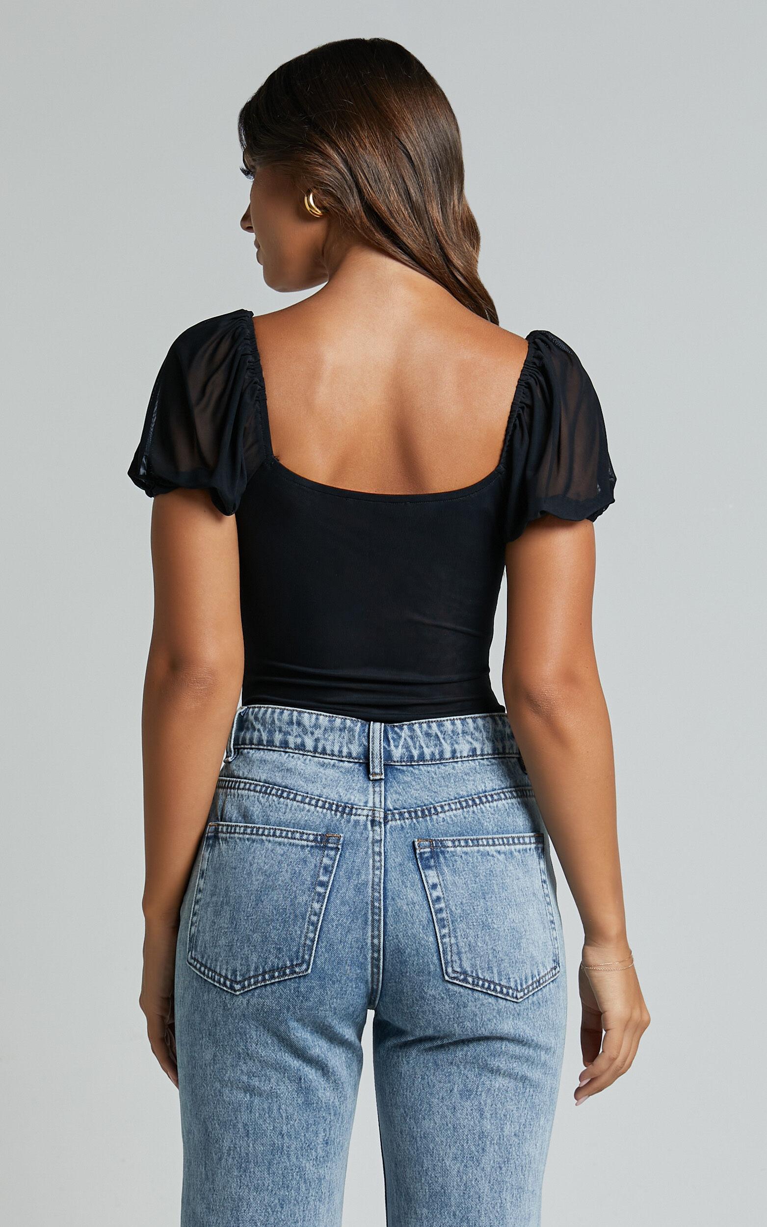 Lara Bodysuit - Lace Detail Sweetheart Short Sleeve Bodysuit in Black Product Image