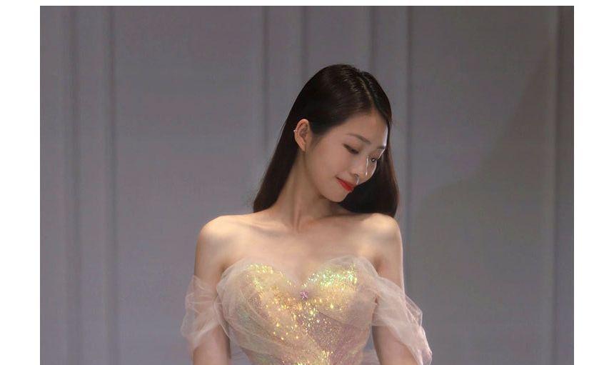 Short-Sleeve Off Shoulder Iridescent A-Line Evening Gown Product Image