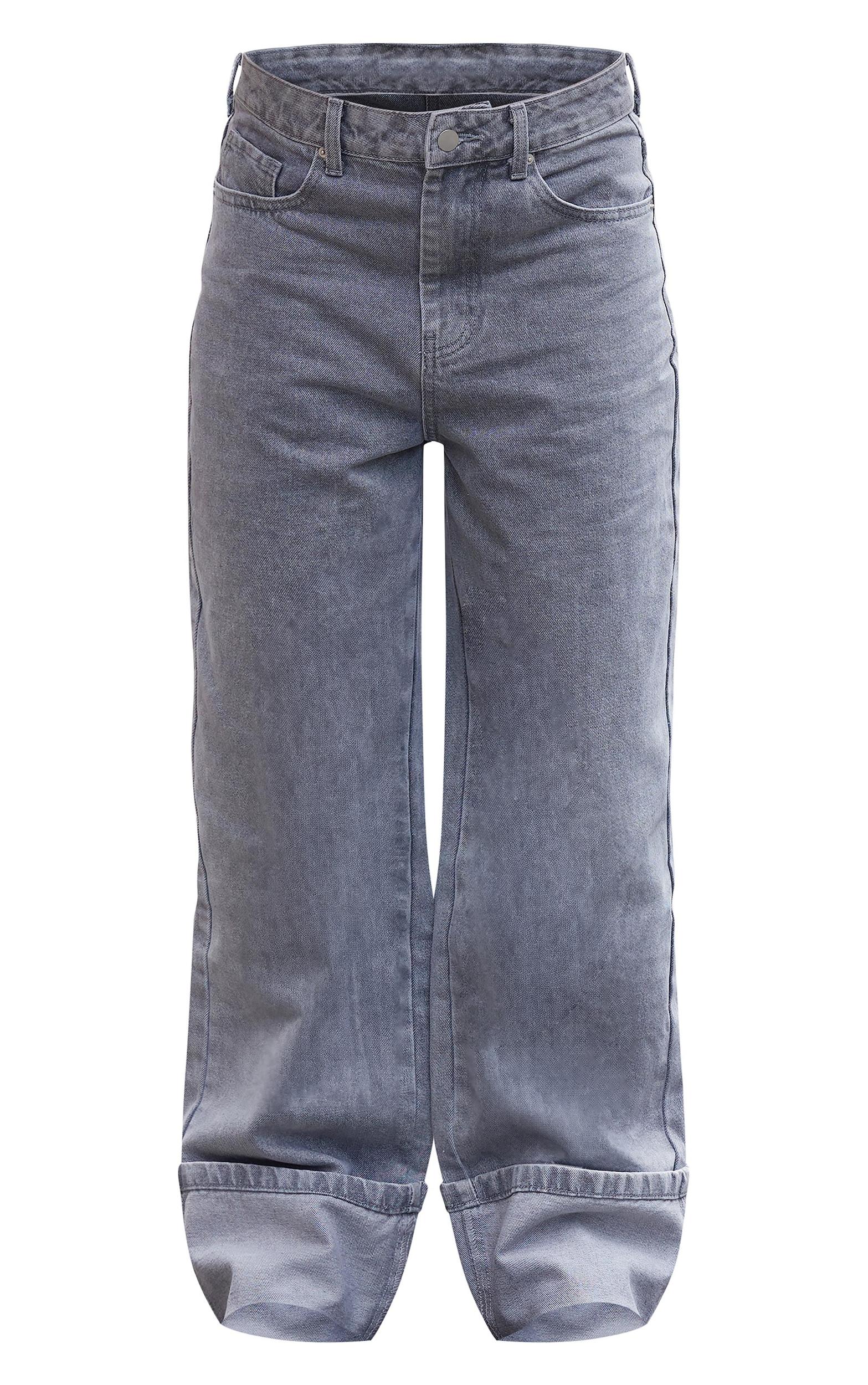 Light Grey Wash Turn Up Hem Wide Leg Jeans Product Image