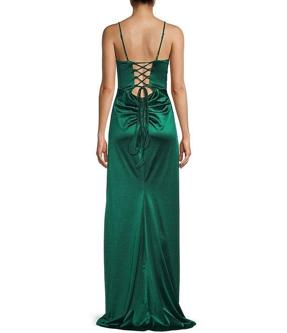 B. Darlin Satin Cowl Neck Shirred Lace-Up Back Long Dress Product Image