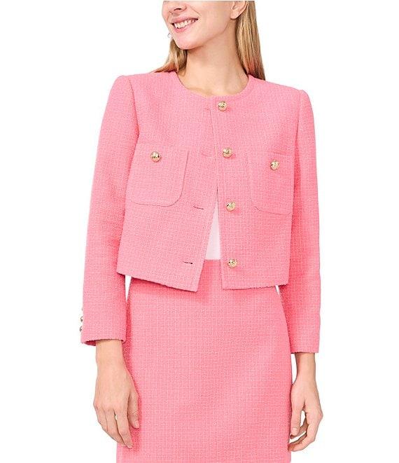 CeCe Tweed Crew Neck Long Sleeve Cropped Button Front Jacket Product Image