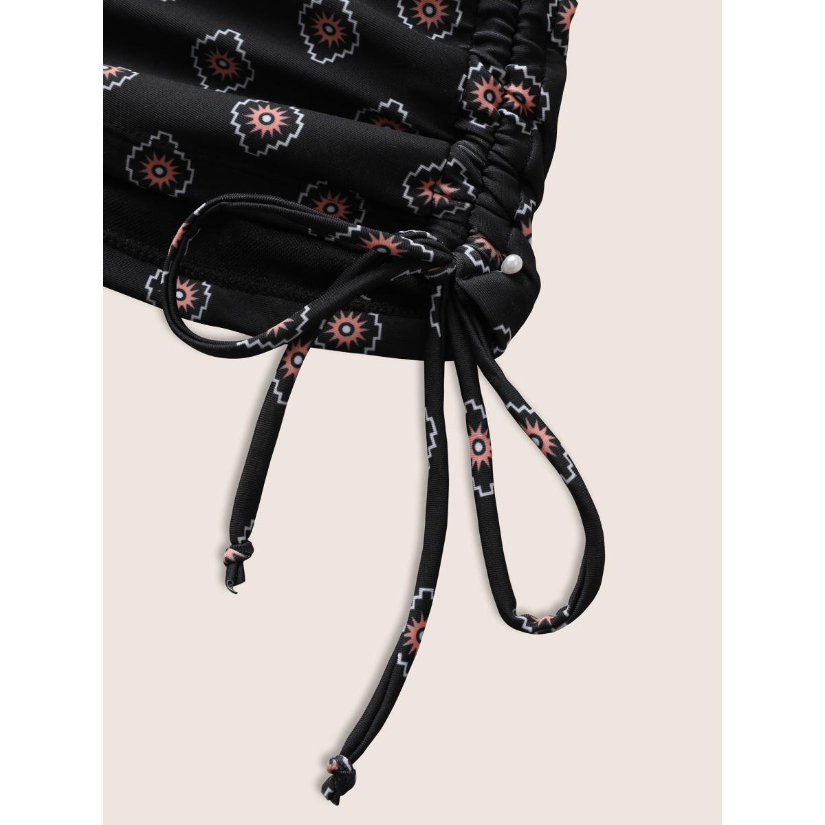 Plus Size V Neck Bandana Print Drawstring Swim Top Women's Swimwear Black Beach Tie knot High stretch Skinny V-neck Curve Swim Tops BloomChic 18-20/2X Product Image