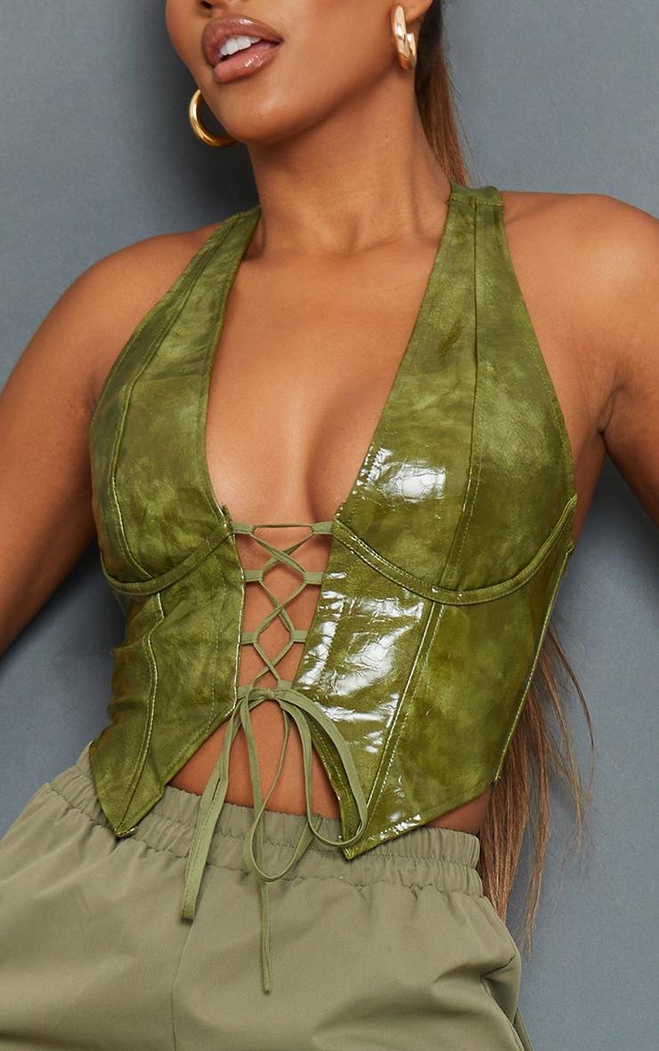 Olive Washed Faux Leather Lace Up Plunge Halterneck Top Product Image