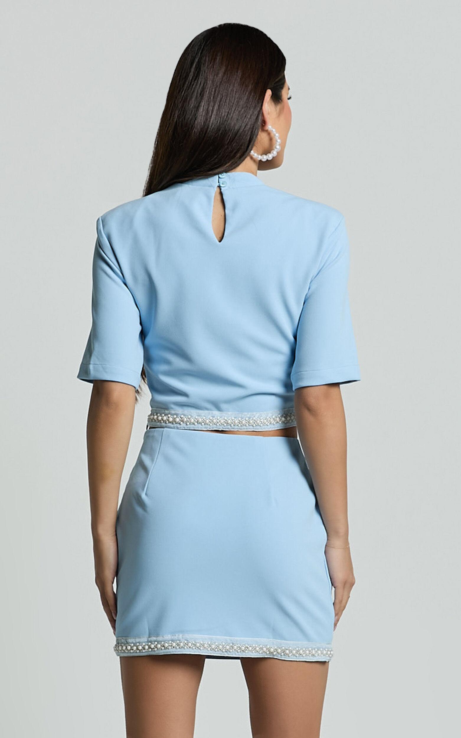 Jaden Two Piece Set - High Neck Crop Top and Pearl Trim Detail Mini Skirt Set in Blue Product Image