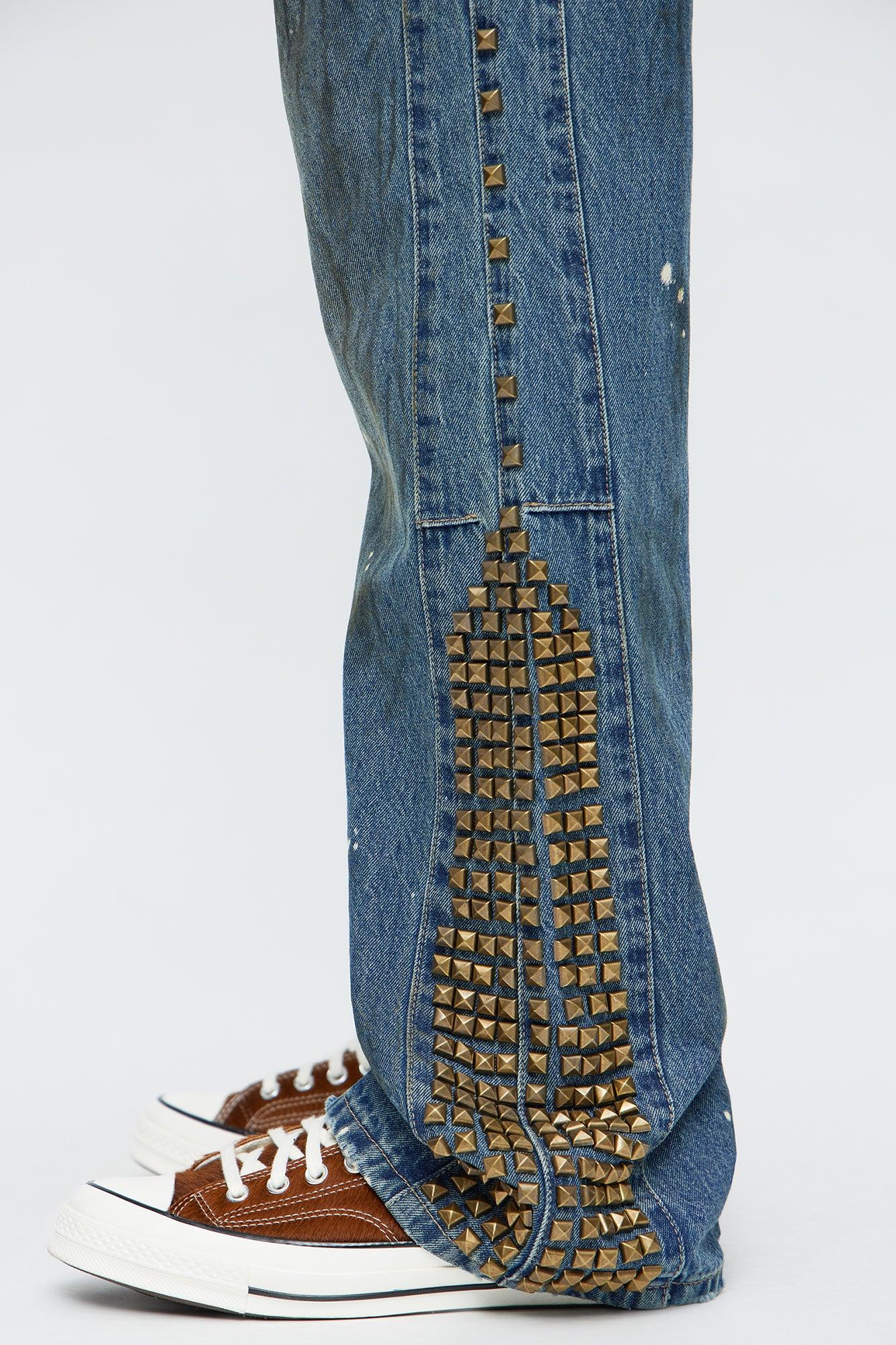 Slim Flare Put Me On Distressed Studded Jeans - Medium Blue Wash Male Product Image
