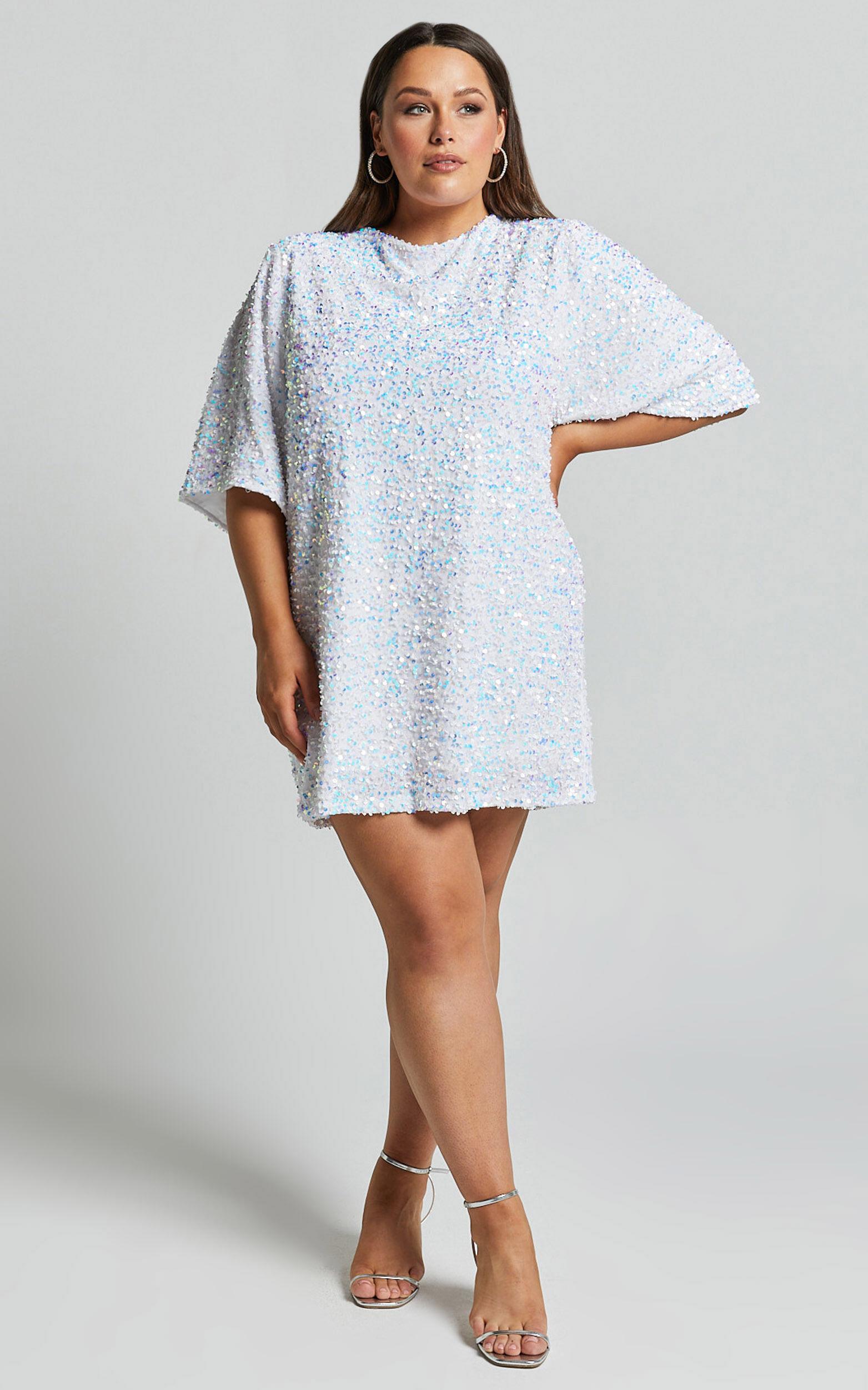 Valetta Mini Dress - Sequin low back shift dress in White Product Image