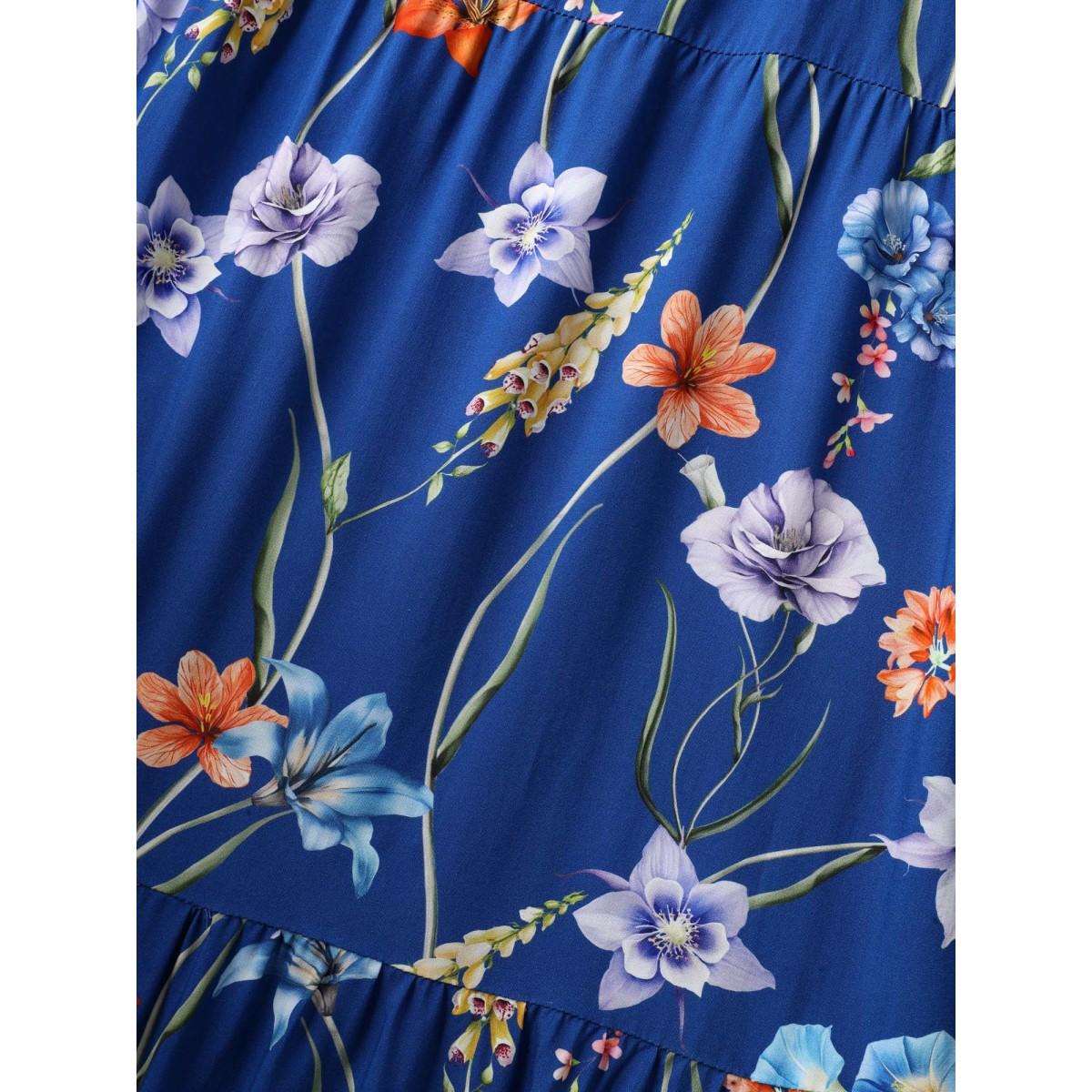 Plus Size Rayon Stretchy-Waist Floral Print Midi Dress Indigo Women Square Neck Short sleeve Curvy BloomChic 14-16/1X Product Image