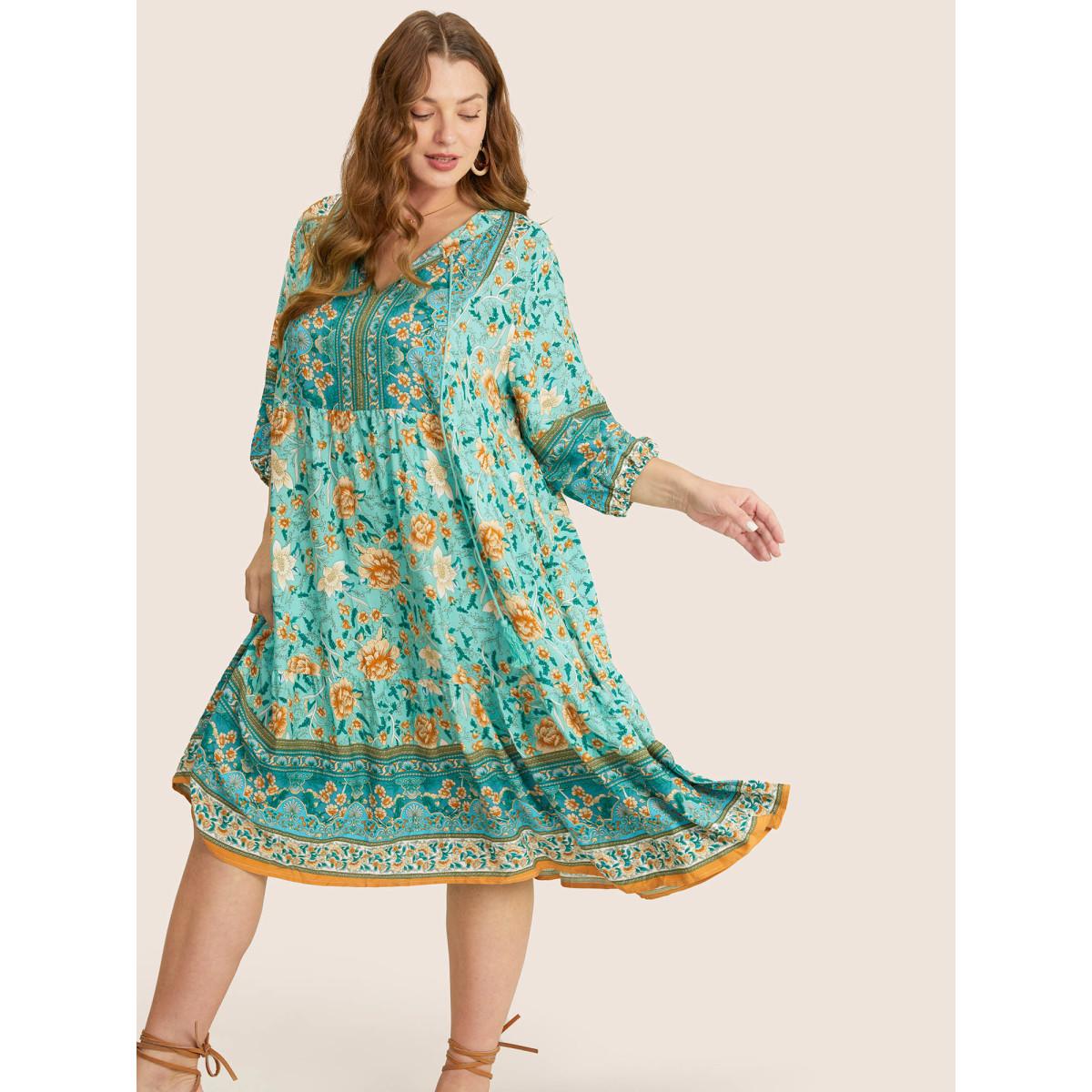 Plus Size Bandana Tassels Lantern Sleeve Ruffle Pocket Keyhole Neck Dress Aquamarine Women Resort V-neck Elbow-length sleeve Curvy Midi Dress BloomChic 26/4X Product Image