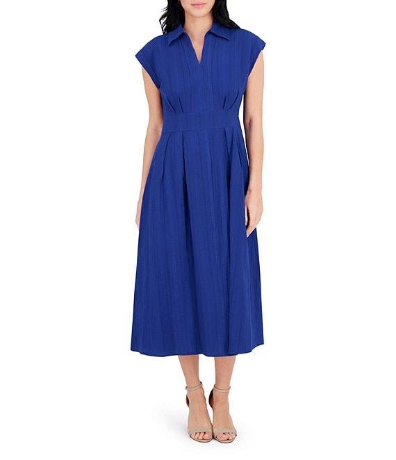 Kensie Stripe Cotton Point Collar V-Neck Cap Dolman Sleeve Smocked Pleated Midi A-Line Dress Product Image