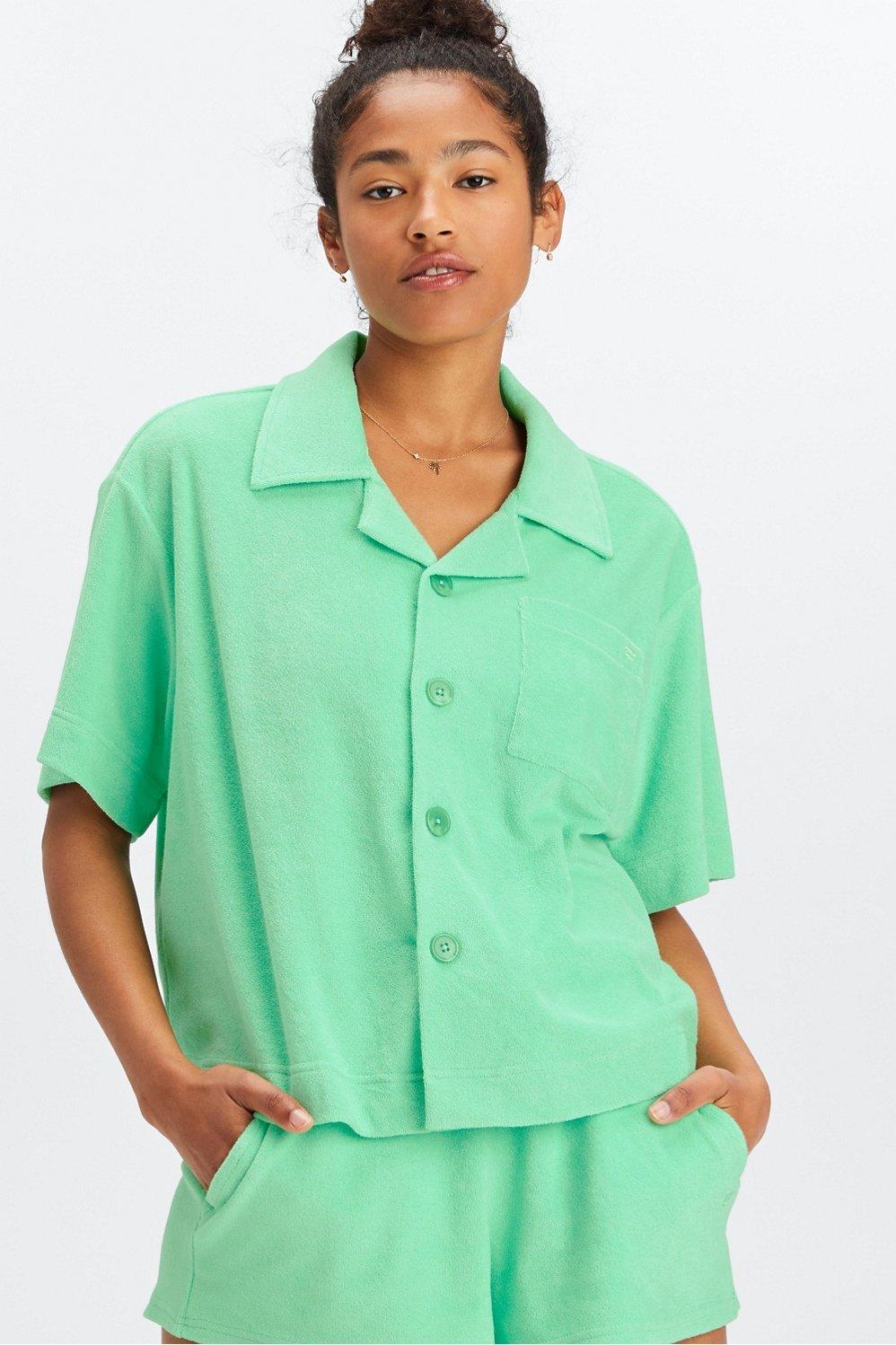 Fabletics Island Terry Boxy Button Up Womens green Size XXS Product Image