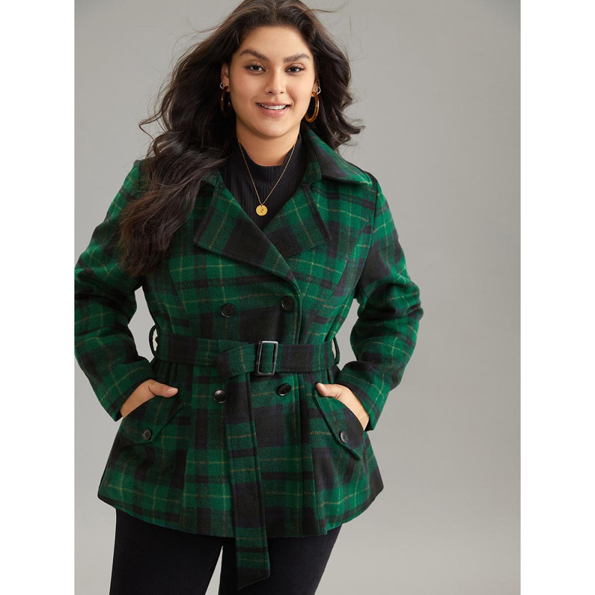 Plus Size Double Breasted Lapel Collar Pocket Belted Jacket Women DarkGreen Belted Pocket Belt Dailywear Jackets BloomChic 12/L Product Image