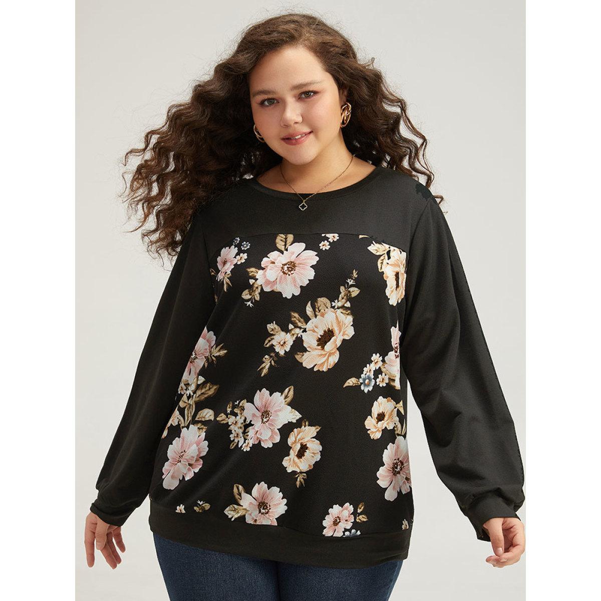 Plus Size Floral Print Patchwork Round Neck Sweatshirt Women Black Elegant Patchwork Round Neck Dailywear Sweatshirts BloomChic 10/M Product Image