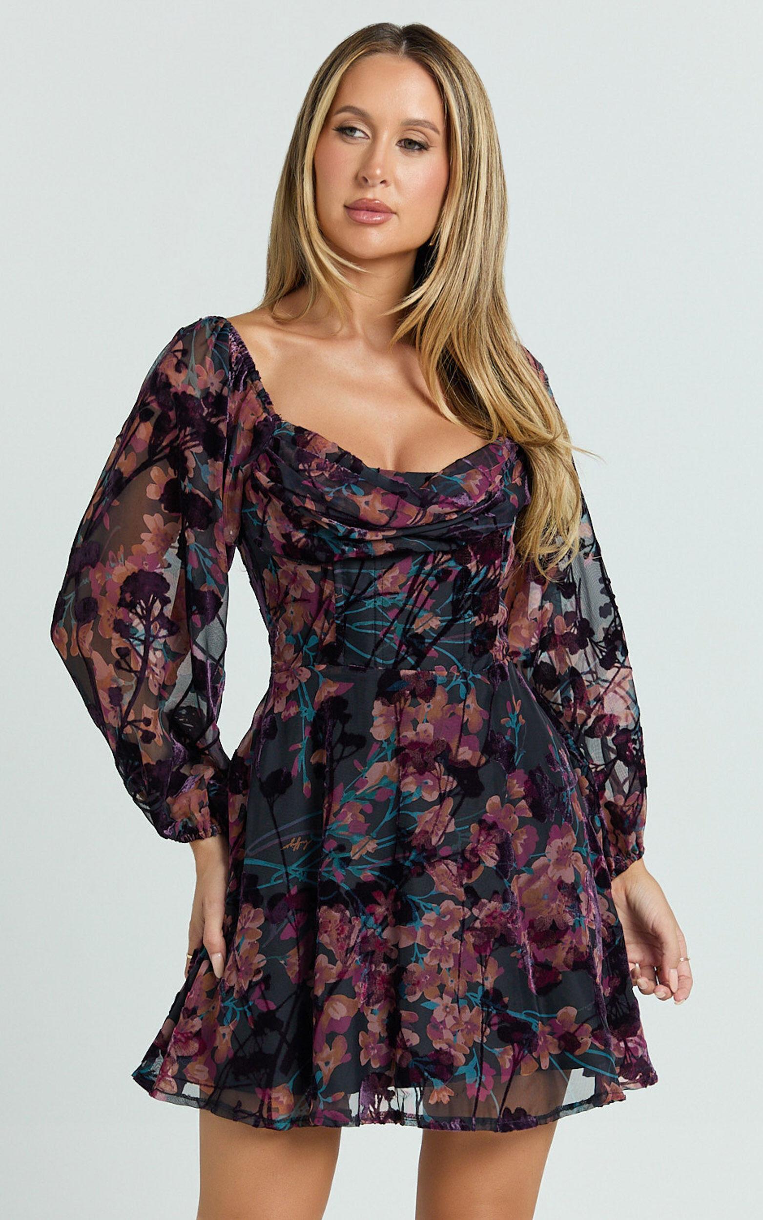 Jessell Mini Dress - Long Sleeve Cowl Corset Dress in Burnt Out Floral Product Image