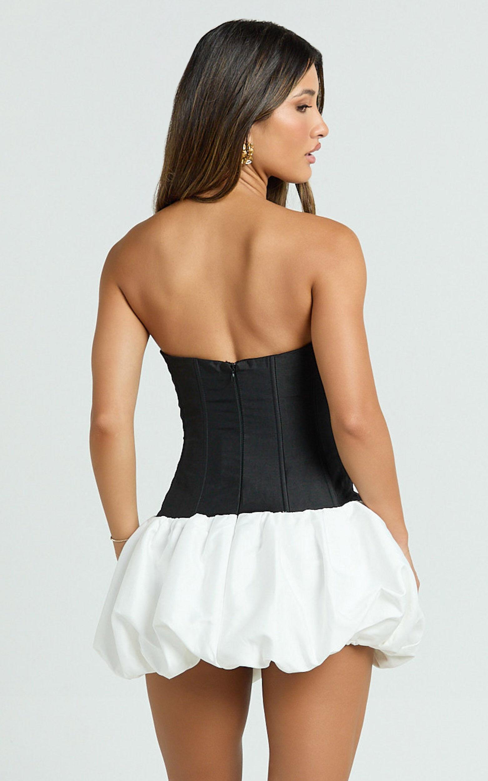 Santana Mini Dress - Strapless Fit And Flare Bubble Hem Dress in Black/White Product Image