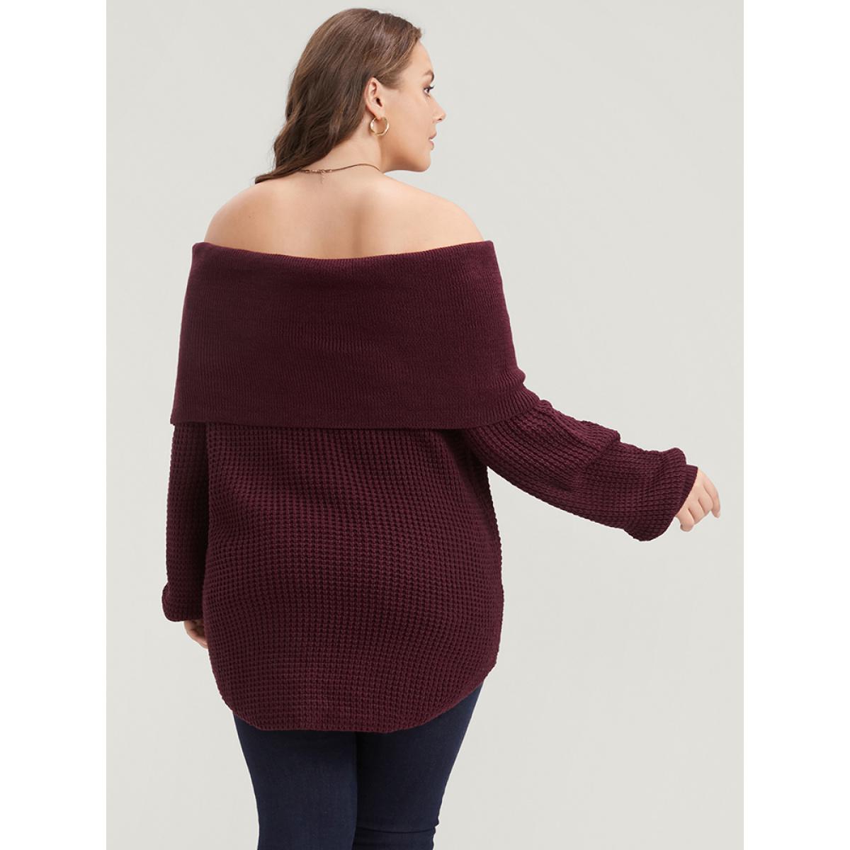 Plus Size Solid Pointelle Knit Arc Hem Off Shoulder Knit Top Scarlet Women Elegant Loose Long Sleeve One-shoulder neck Dailywear Pullovers BloomChic 22-24/3X Product Image
