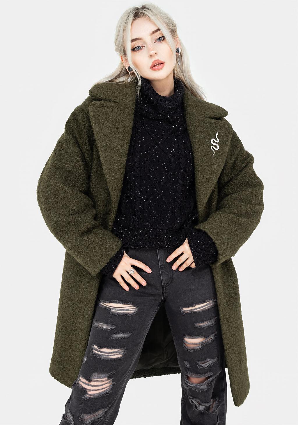 Gorgon Bouclé Oversized Coat with Snake Brooch - Green Product Image