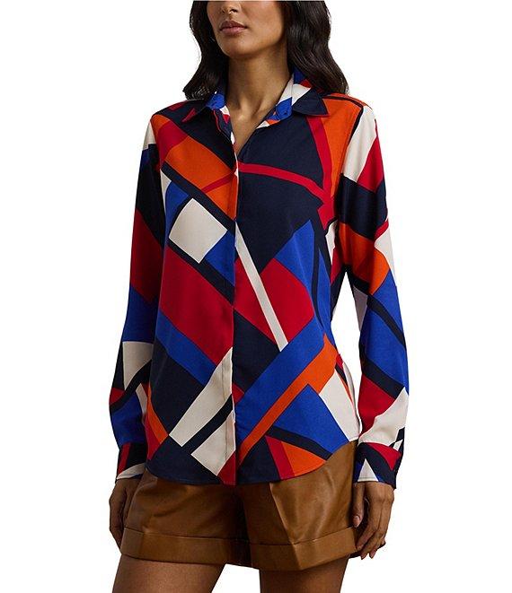 Lauren Ralph Lauren Petite Size Crepe de Chine Abstract Print Point Collar Long Sleeve Button-Front Shirt Product Image