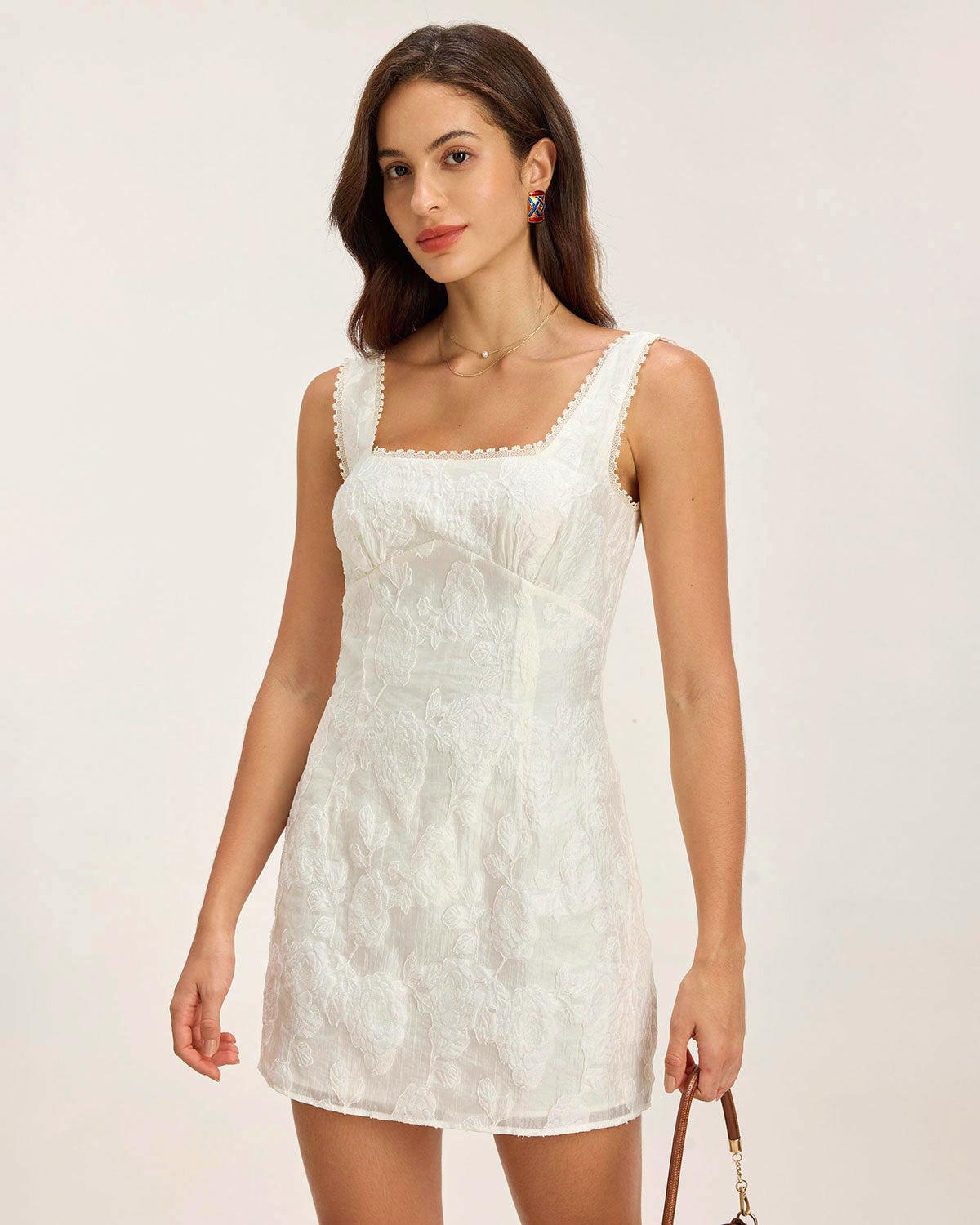 White Textured Square Neck Slip Mini Dress Product Image