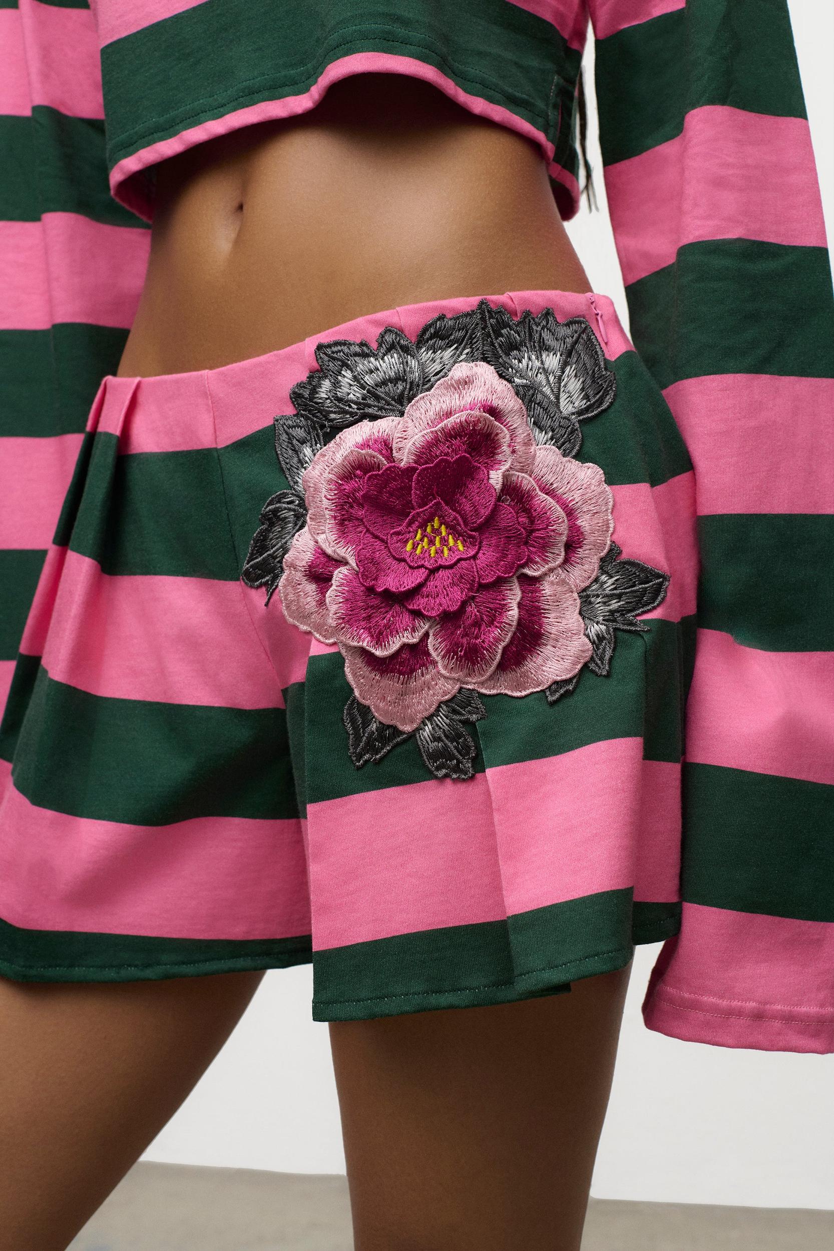 Embroidered Flower Rugby Stripe Long Sleeve Cropped Polo Product Image