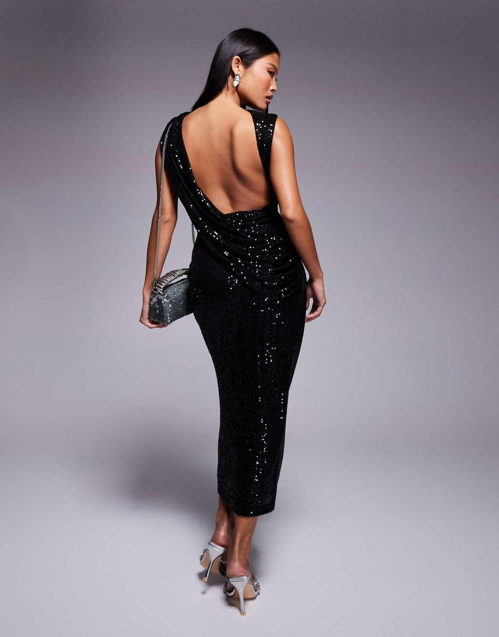 ASOS DESIGN Petite sequin high neck midi dress with asymmetric cowl back in black Product Image