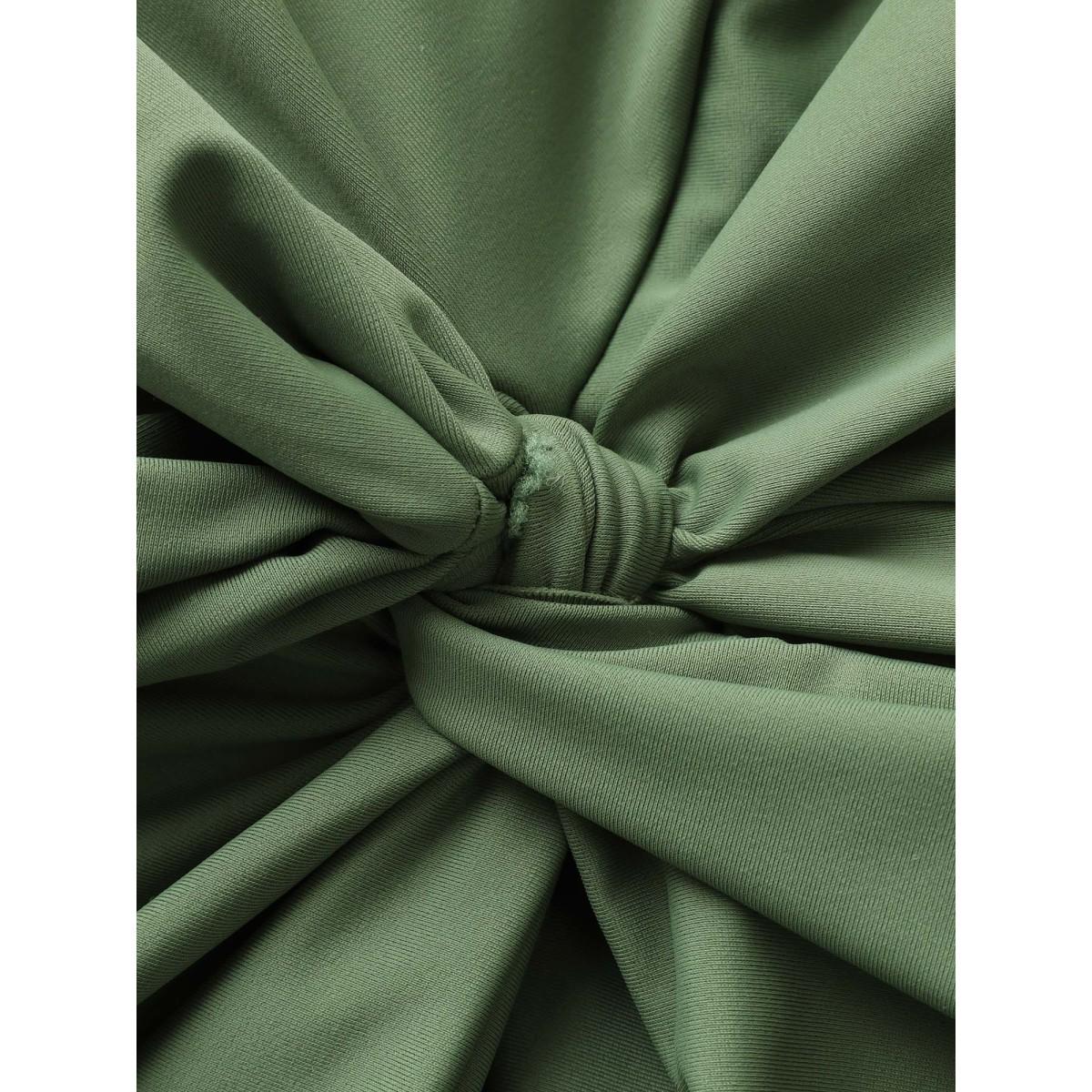 Plus Size Plain Twist Front Gathered Swim Dress Women's Swimwear ArmyGreen Beach Bodycon V-neck High stretch Curve Swim Dresses BloomChic 26/4X Product Image