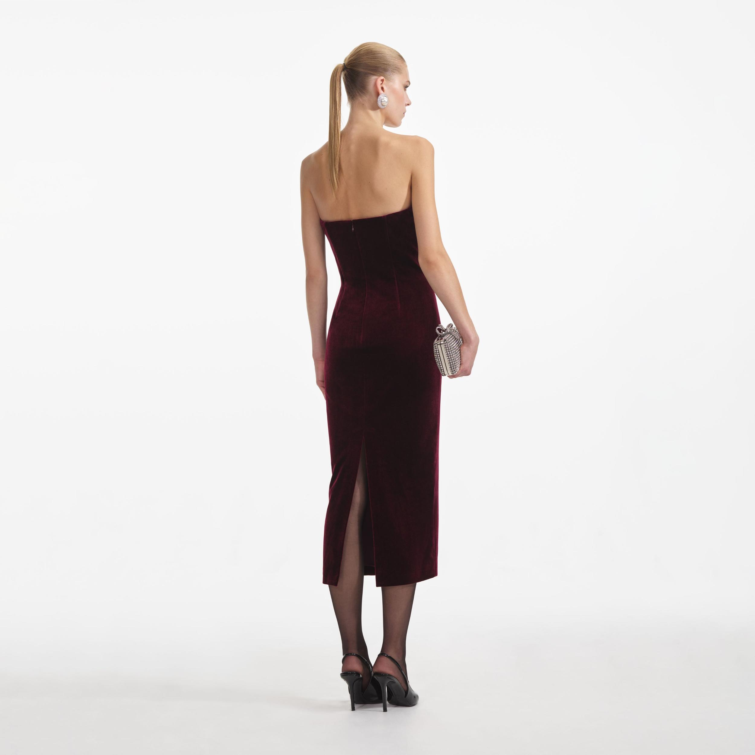 Burgundy Velvet Midi Dress Product Image